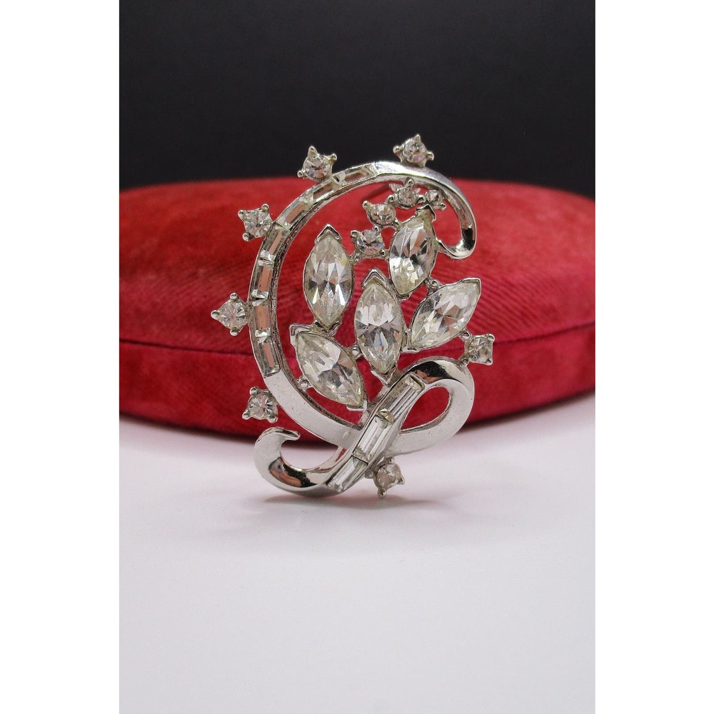 Vintage Trifari Alfred Philippe Silvertone Clear Rhinestone Spray Ribbon Brooch